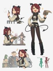 Rule 34 | +++, ;d, ^ ^, absurdres, ascot, belt, black footwear, boots, brown pants, brown vest, cigarette, closed eyes, commentary, dated, demon girl, demon tail, ear piercing, english commentary, fang, fingernails, grey background, grin, hand on own hip, height, highres, horns, knee boots, long fingernails, long sleeves, multiple views, ok sign, one eye closed, open clothes, open mouth, open vest, original, pants, paper, piercing, pointy ears, porforever, puffy long sleeves, puffy sleeves, sharp fingernails, shirt, silhouette, simple background, smile, smoke, smoking, sparkle, tail, tail ornament, tail piercing, vest, white ascot, white shirt, wing collar, wings, yellow eyes