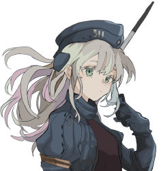 Rule 34 | 1girl, absurdres, antennae, blonde hair, blue eyes, commentary request, cropped jacket, garrison cap, gloves, hat, highres, kantai collection, long hair, looking at viewer, simple background, solo, u-511 (kancolle), umi owl, upper body, white background
