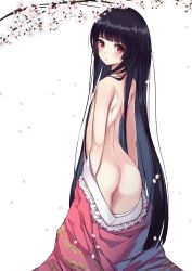 Rule 34 | 1girl, ass, black hair, blunt bangs, blush, branch, cherry blossoms, commentary request, cowboy shot, dress, flat chest, frilled shirt collar, frills, from behind, highres, houraisan kaguya, long hair, looking at viewer, looking back, momendoufu, nipples, no panties, nude, parted lips, petals, pink dress, red eyes, resolution mismatch, simple background, solo, source smaller, standing, touhou, very long hair, white background