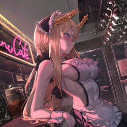 Rule 34 | 1girl, absurdres, alternate costume, apron, azur lane, bbeennoodle, blonde hair, blue eyes, blush, breasts, cleavage, cup, drinking glass, enmaided, highres, laurel crown, long hair, looking to the side, maid, maid headdress, naked apron, neon lights, sideboob, sleeveless, solo, tongue, tongue out, upper body, victorious (azur lane), wine glass, wrist cuffs