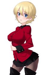 Rule 34 | 1girl, black skirt, blonde hair, blue eyes, blush, braid, breasts, covered erect nipples, darjeeling (girls und panzer), french braid, girls und panzer, highres, kuzuryuu kennosuke, large breasts, looking at viewer, microskirt, military, military uniform, one-hour drawing challenge, open mouth, pantyhose, pleated skirt, simple background, skirt, smile, solo, st. gloriana&#039;s military uniform, uniform, white background