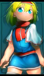 Rule 34 | 1girl, absurdres, alice margatroid, blonde hair, blue eyes, blue skirt, blue vest, blush, capelet, closed mouth, cowboy shot, hair between eyes, hairband, highres, letterboxed, looking at viewer, medium hair, niwarhythm, red hairband, red scarf, scarf, skirt, solo, standing, thighhighs, touhou, vest, white capelet, white thighhighs