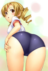 Rule 34 | 10s, 1girl, :o, ass, blonde hair, brown eyes, buruma, drill hair, from behind, gym uniform, h kasei, hand on thigh, highres, looking back, mahou shoujo madoka magica, mahou shoujo madoka magica (anime), short hair, simple background, solo, thighs, tomoe mami, twin drills, twintails