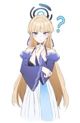 Rule 34 | 1girl, ?, absurdres, alternate costume, blonde hair, blue archive, blue eyes, blue halo, blue sleeves, blush, breasts, collarbone, detached sleeves, dress, halo, heimu (heim kstr), highres, long hair, looking at viewer, medium breasts, parted lips, simple background, solo, toki (blue archive), white background, white dress, wide sleeves