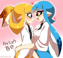 Rule 34 | 2girls, alternate hairstyle, artist name, blonde hair, blue hair, blunt bangs, breast press, breasts, eromame, eyebrows, fang, flying sweatdrops, green eyes, hand on another&#039;s ass, hands on another&#039;s hips, heart, hug, inkling, inkling girl, inkling player character, long hair, looking at another, multiple girls, nintendo, pointy ears, ponytail, pun, smile, splatoon (series), splatoon 1, sweat, symmetrical docking, thick eyebrows, translated, twitter username, yellow eyes, yuri