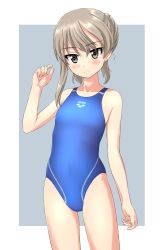 Rule 34 | 10s, 1girl, absurdres, bad id, bad twitter id, blue one-piece swimsuit, brown eyes, competition swimsuit, cowboy shot, flat chest, girls und panzer, highres, inactive account, light brown hair, long hair, looking at viewer, one-piece swimsuit, shimada arisu, solo, standing, swimsuit, takafumi, thigh gap