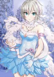 Rule 34 | 1girl, anastasia (idolmaster), armlet, asymmetrical gloves, asymmetrical sleeves, blue dress, blue eyes, blue feathers, blue gloves, blue sleeves, breasts, choker, cleavage, collarbone, cowboy shot, detached sleeves, dress, feathers, ginnote, gloves, hair between eyes, hair ornament, idolmaster, idolmaster cinderella girls, layered dress, long sleeves, looking at viewer, medium breasts, print gloves, short dress, short hair, silver hair, single glove, single sleeve, sleeveless, sleeveless dress, snowflake print, solo, standing, striped clothes, striped dress, uneven gloves, uneven sleeves, white feathers