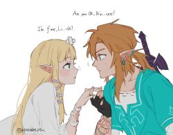Rule 34 | 1boy, 1girl, absurdres, bandaid, bandaid on head, blonde hair, blue eyes, blue tunic, blush, champion&#039;s tunic (zelda), crossed bandaids, dress, earrings, eye contact, hair ornament, hanaberin, highres, holding hands, jewelry, link, long hair, looking at another, nintendo, pointy ears, ponytail, princess zelda, spiked hair, the legend of zelda, the legend of zelda: breath of the wild, the legend of zelda: skyward sword, time paradox