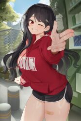 Rule 34 | ;d, absurdres, bandaid on thigh, black hair, black shorts, blush, commission, dolphin shorts, goback, grin, highres, hood, hoodie, long hair, looking at viewer, one eye closed, open mouth, original, outdoors, red eyes, red hoodie, salute, shorts, side slit, smile, sweatdrop, two-finger salute, very long hair