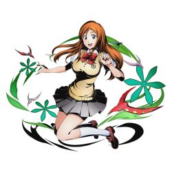 Rule 34 | 10s, 1girl, black eyes, bleach, bow, bowtie, breasts, brown hair, divine gate, floating hair, full body, grey skirt, inoue orihime, kneehighs, large breasts, long hair, official art, open mouth, pleated skirt, red bow, school uniform, shadow, short sleeves, skirt, socks, solo, transparent background, ucmm, white socks