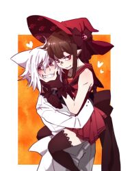 Rule 34 | 1boy, 1girl, back bow, black bow, black gloves, black ribbon, border, bow, bowtie, brown hair, carrying, carrying person, fins, fish tail, forced smile, formal, funamusea, gloves, hair between eyes, hand around neck, hand on another&#039;s face, hat, hat ribbon, head fins, heart, highres, looking at viewer, melonenbrot, official alternate costume, oounabara to wadanohara, orange background, pants, pleated skirt, pointy ears, red bow, red bowtie, red eyes, red hat, red sailor collar, red shirt, red skirt, ribbon, sailor collar, shark boy, shark fin, shark tail, shirt, sidelocks, skirt, sleeveless, sleeveless shirt, smug, suit, syake (funamusea), tail, teeth, wadanohara, white border, white hair, white pants, white suit, witch hat