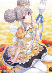 Rule 34 | 1girl, arm ribbon, arm support, bee wings, blue ribbon, blueberry, blush, bow, bracelet, choker, closed mouth, collarbone, double bun, dress, fake wings, flower, food, fork, frilled dress, frills, fruit, grey hair, hair bow, hair bun, hair flower, hair ornament, hair ribbon, high heels, highres, honey, honeycomb (pattern), honeycomb background, idolmaster, idolmaster shiny colors, iku2727, jewelry, layered dress, long hair, looking at viewer, multicolored clothes, multicolored dress, pancake, purple eyes, raspberry, ribbon, short sleeves, sidelocks, sitting, sitting on food, smile, solo, striped, striped ribbon, thighhighs, tongue, tongue out, wariza, white choker, white ribbon, white thighhighs, wings, yukoku kiriko