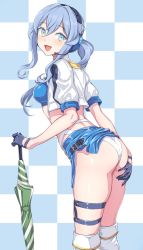 Rule 34 | 1girl, ass, ass grab, blue eyes, blue hair, blush, breasts, checkered background, commentary request, gloves, gotland (kancolle), grabbing own ass, hand on own ass, headphones, highres, kantai collection, kneehighs, kumadano, long hair, looking at viewer, medium breasts, mole, mole under eye, official alternate costume, open mouth, ponytail, race queen, sidelocks, simple background, skirt, smile, socks, solo, symbol-shaped pupils, thigh strap, umbrella