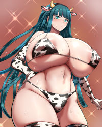 Rule 34 | 1girl, absurdres, alternate breast size, alternate costume, animal ears, animal print, bikini, breasts, cleopatra (fate), cow print, cowboy shot, elbow gloves, facial mark, fake animal ears, fate/grand order, fate (series), gigantic breasts, gloves, green eyes, green hair, hairband, highres, long hair, megao 3rd, navel, print bikini, print gloves, print thighhighs, solo, standing, swimsuit, thighhighs, very long hair