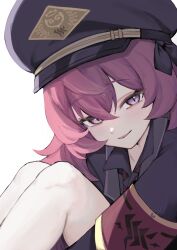 Rule 34 | 1girl, absurdres, armband, black hat, black jacket, black shirt, blue archive, blush, close-up, collared shirt, commentary request, hair between eyes, hat, highres, hugging own legs, iroha (blue archive), jacket, knees up, light blush, long hair, looking at viewer, military hat, parted lips, raised eyebrows, red armband, red eyes, red hair, shirt, simple background, slit pupils, smile, solo, wavy hair, white background, yagiusagi