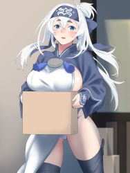 Rule 34 | 1girl, ainu clothes, bandana, blue eyes, blue hair, blue headband, blush, box, breasts, commentary request, cowboy shot, cropped jacket, folded ponytail, fundoshi, headband, highres, japanese clothes, kamoi (kancolle), kantai collection, large breasts, leg wrap, long hair, looking at viewer, pelvic curtain, running, shingyou (alexander-13), sideboob, sidelocks, solo, standing, thick eyebrows, thighhighs, white hair, wrist guards
