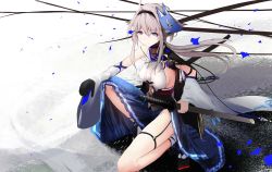 Rule 34 | 1girl, abstract background, ahoge, animal ears, arm on knee, azur lane, black gloves, black hairband, blue choker, blue skirt, breasts, choker, closed mouth, commentary request, detached sleeves, fox ears, fox mask, full body, garter straps, gloves, grey eyes, hair between eyes, hairband, highres, hinaname, holding, holding sword, holding weapon, japanese clothes, katana, kimono, large breasts, long hair, looking at viewer, mask, mask on head, md5 mismatch, no tail, on one knee, resolution mismatch, sakuramon, sheath, sheathed, side slit, sideboob, sidelocks, single bare shoulder, single glove, skirt, sleeveless, sleeveless kimono, solo, source smaller, sword, tabi, thigh strap, tosa (azur lane), weapon, white background, white kimono, white legwear, white sleeves, wide sleeves