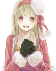 Rule 34 | 1girl, :d, axis powers hetalia, black gloves, blonde hair, coat, fur trim, gender request, genderswap, gloves, hairband, hat, interlocked fingers, long hair, long sleeves, looking at viewer, open mouth, own hands clasped, own hands together, pom pom (clothes), purple eyes, russia (hetalia), simple background, smile, solo, twitter username, white background, wowishi
