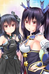 Rule 34 | 10s, 2girls, bare shoulders, black hair, blush, breasts, bridal gauntlets, choujigen game neptune mk2, cleavage, detached sleeves, elbow gloves, gloves, hair ornament, hair ribbon, highres, large breasts, long hair, looking at viewer, multiple girls, neptune (series), noire (neptunia), oekakizuki, open mouth, puffy detached sleeves, puffy sleeves, red eyes, ribbon, siblings, sisters, small breasts, smile, thighhighs, twintails, two side up, uni (neptunia), very long hair