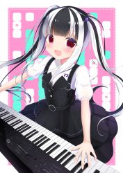 Rule 34 | 10s, 1girl, :d, bang dream!, belt, black belt, black dress, black hair, blunt bangs, blush, commentary request, dress, hair bobbles, hair ornament, highres, instrument, keyboard (instrument), koh (user kpcu7748), long hair, looking at viewer, multicolored hair, music, nyubara reona, open mouth, pinafore dress, playing instrument, red eyes, shirt, short sleeves, sleeveless dress, smile, solo, twintails, two-tone hair, white hair, white shirt