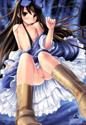 Rule 34 | 1girl, artist name, blush, cleft of venus, dress, flat chest, from below, highres, long hair, namamo nanase, nipples, no panties, off shoulder, pussy, sitting, smile, solo, star sapphire, topless, touhou, uncensored, watermark, web address, yellow eyes
