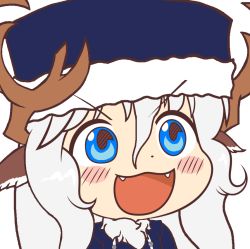 Rule 34 | 1girl, :3, :d, animal ears, antlers, blue eyes, blush stickers, chibi, dot nose, fangs, female focus, flat color, fur trim, gyate gyate, hair between eyes, hat, horns, imageboard desourced, monster girl, monster girl encyclopedia, non-web source, open mouth, portrait, simple background, smile, solo, upper body, v-shaped eyebrows, white background, white hair, white horn (monster girl encyclopedia), winter clothes