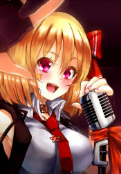 Rule 34 | 1girl, aged up, bad id, bad pixiv id, blonde hair, blush, breasts, collar, doyouwantto, fang, fingerless gloves, gloves, large breasts, looking at viewer, microphone, necktie, open mouth, red eyes, red necktie, rumia, short hair, smile, solo, star (symbol), touhou