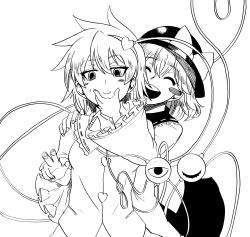 Rule 34 | 2girls, :d, absurdres, blush, blush stickers, bow, closed eyes, closed mouth, greyscale, hand on another&#039;s face, hat, hat bow, heart, highres, himajin noizu, komeiji koishi, komeiji satori, long sleeves, looking at viewer, monochrome, multiple girls, open mouth, short hair, simple background, smile, sweat, third eye, touhou, white background