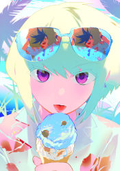 Rule 34 | 1boy, androgynous, blue hair, eyewear on head, food, galo thymos, green hair, hawaiian shirt, highres, holding, holding food, ice cream, km (ksolee1201), lio fotia, magenta eyes, male focus, palm leaf, promare, reflection, shirt, short hair, simple background, spiked hair, sunglasses, sunglasses on head, surfboard, tongue, tongue out
