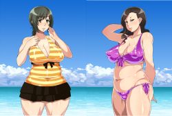 Rule 34 | 2girls, bikini, blush, breasts, brown hair, cleavage, covered navel, enoshima iki, covered erect nipples, huge breasts, large breasts, long hair, looking at viewer, multiple girls, navel, ocean, one-piece swimsuit, plump, ponytail, sky, smile, standing, swimsuit, thick thighs, thighs, wet, wide hips