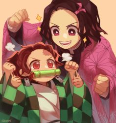 Rule 34 | 1boy, 1girl, asa no ha (pattern), bright pupils, brother and sister, brown hair, cheering, clenched hands, commentary, earrings, english commentary, hair ribbon, highres, japanese clothes, jewelry, kamado nezuko, kamado tanjirou, kimetsu no yaiba, kimono, pink kimono, ponytail, ribbon, role reversal, scar, scar on face, scar on forehead, short hair, siblings, smile, wavy hair