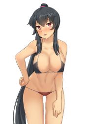 Rule 34 | 1girl, bad id, bad pixiv id, bikini, black bikini, black hair, blush, breasts, cleavage, collarbone, cowboy shot, hand on own hip, highres, kantai collection, large breasts, long hair, looking at viewer, navel, open mouth, osananajimi neko, ponytail, red bikini, red eyes, revision, sidelocks, simple background, solo, swimsuit, thigh gap, thighs, tsurime, very long hair, white background, yahagi (kancolle)