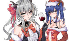 Rule 34 | 2girls, alcohol, arknights, blue hair, blush, breasts, ch&#039;en (arknights), christmas, cleavage, commentary request, cup, dragon girl, dragon horns, drinking glass, grey eyes, grey hair, hair ribbon, hat, horns, multiple girls, red eyes, ribbon, santa costume, santa hat, siblings, sisters, srpzk, talulah (arknights), wine, wine glass