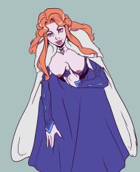 Rule 34 | 1girl, castlevania (series), castlevania (netflix), clothes pull, dress pull, highres, leaning forward, lenore (castlevania), long hair, orange hair, pale skin, red eyes, simple background, vampire