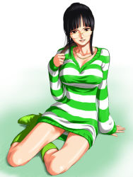 Rule 34 | 1girl, arm support, black hair, blunt bangs, boots, breasts, brown eyes, cleavage, collarbone, dress, female focus, glasses, gradient background, green footwear, hand up, high heels, knee boots, large breasts, long hair, long sleeves, looking at viewer, nico robin, one piece, one piece: strong world, panties, pantyshot, parted lips, ponytail, shoes, short dress, sitting, smile, solo, striped clothes, striped dress, striped sweater, sweater, sweater dress, underwear, yokozuwari, zugan (berugkamp)