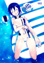 Rule 34 | 1girl, bad id, blue hair, breasts, elbow gloves, closed eyes, gloves, helmet, highres, large breasts, lying, one-piece swimsuit, open mouth, original, rondo bell, see-through, short hair, sleeping, solo, swimsuit, water