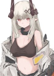 Rule 34 | 1girl, arknights, bare shoulders, black sports bra, breasts, cleavage, closed mouth, commentary, furrowed brow, highres, horns, infection monitor (arknights), large breasts, long hair, looking ahead, looking at viewer, midriff, mudrock (arknights), mudrock (elite ii) (arknights), navel, off shoulder, piennamekuzi, pointy ears, red eyes, simple background, sketch, solo, sports bra, straight-on, upper body, white background, white hair