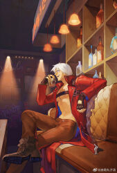 Rule 34 | 1boy, alcohol, belt bra, blue eyes, coat, dante (devil may cry), devil may cry, devil may cry (series), devil may cry 3, drink, evanolge, fingerless gloves, gloves, holding, holding drink, jacket, looking at viewer, male focus, rebellion (sword), red coat, smile, solo, sword, weapon, white hair