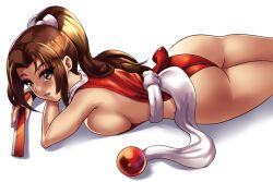 Rule 34 | 1girl, ass, breasts, brown eyes, brown hair, fatal fury, hand fan, large breasts, leonart, long hair, looking at viewer, lying, matching hair/eyes, on stomach, parted bangs, ponytail, shiranui mai, sideboob, simple background, sleeveless, solo, the king of fighters, white background