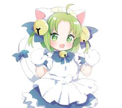 Rule 34 | 1girl, :d, animal ears, animal hat, apron, bell, blue bow, blue dress, bow, cat ears, cat hat, cat tail, commentary request, dejiko, di gi charat, done (donezumi), dress, fake animal ears, fang, forehead, frilled apron, frilled dress, frills, gloves, green eyes, green hair, hair bell, hair ornament, hands up, hat, highres, jingle bell, looking at viewer, multicolored hair, open mouth, parted bangs, puffy short sleeves, puffy sleeves, short sleeves, simple background, smile, solo, tail, tail bow, tail ornament, tail raised, two-tone hair, white apron, white background, white gloves, white hat