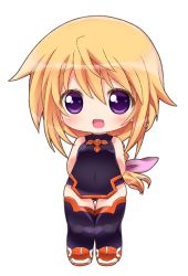 Rule 34 | 10s, 1girl, :d, arms behind back, bad id, bad pixiv id, bare shoulders, black thighhighs, blonde hair, blush, bodysuit, charlotte dunois, chibi, covered navel, full body, hair ribbon, halterneck, hip focus, infinite stratos, jewelry, leotard, long hair, looking at viewer, low ponytail, meiro (yuu), necklace, open mouth, pelvic curtain, pendant, pilot suit, ponytail, purple eyes, ribbon, simple background, smile, solo, standing, thigh gap, thighhighs, turtleneck, white background