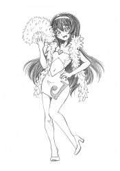 Rule 34 | 1girl, alternate costume, bbb (friskuser), clothing cutout, commentary, dress, folding fan, fur scarf, girls und panzer, graphite (medium), greyscale, hairband, hand fan, hand on own hip, high heels, highres, holding, holding fan, long hair, looking at viewer, monochrome, navel cutout, open mouth, reizei mako, short dress, side slit, smile, solo, standing, standing on one leg, strapless, strapless dress, traditional media