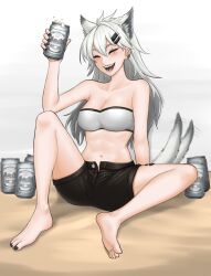 Rule 34 | 1girl, :d, ^ ^, animal ears, arknights, bandeau, bare arms, bare legs, bare shoulders, barefoot, black nails, black shorts, breasts, can, cleavage, closed eyes, commentary request, hair between eyes, hair ornament, hairclip, hand up, highres, holding, holding can, kja (shishimujizhong), knee up, lappland (arknights), long hair, medium breasts, midriff, nail polish, navel, open fly, open mouth, scar, scar across eye, sharp teeth, short shorts, shorts, sitting, smile, solo, stomach, strapless, tail, teeth, thighs, toenail polish, toenails, tube top, very long hair, white hair, wolf ears, wolf tail