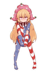 Rule 34 | 1girl, american flag dress, american flag legwear, bad id, bad pixiv id, blonde hair, bright pupils, clothes pull, clownpiece, dress pull, full body, gloves, hair between eyes, hat, highres, jester cap, legs apart, long hair, looking at viewer, neck ruff, pantyhose, pink hat, polka dot, red eyes, sleeves past elbows, solo, soya6479, standing, star (symbol), star print, tearing up, thick eyebrows, touhou, v arms, very long hair, white pupils