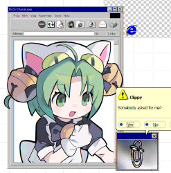 Rule 34 | 1girl, ahoge, animal hat, animate object, apron, bell, black dress, blush, cat hat, clippy, commentary, crossover, curtained hair, dejiko, di gi charat, dress, english commentary, english text, fake transparency, gloves, green eyes, green hair, grid background, hair bell, hair ornament, hat, highres, jingle bell, looking at another, microsoft, morizo (morizoshop), neck bell, open mouth, paperclip, puffy short sleeves, puffy sleeves, short hair, short sleeves, smile, solo, upper body, white apron, white background, white gloves, white hat, window (computing), windows explorer