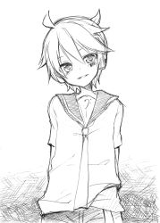 Rule 34 | 1boy, arms behind back, barcode, barcode tattoo, bass clef, blush, evil grin, evil smile, facial tattoo, graphite (medium), greyscale, grin, headset, kagamine len, leaning to the side, looking at viewer, male focus, monochrome, necktie, paradichlorobenzene (vocaloid), parted lips, project diva (series), sailor collar, short sleeves, shorts, sketch, smile, solo, sudachi (calendar), tattoo, traditional media, vocaloid