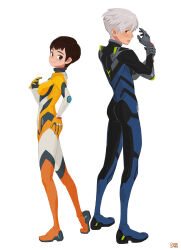 1boy 1girl back-to-back bodysuit brown_eyes brown_hair from_behind grey_hair hand_on_own_hip hong_soon-sang looking_back orange_bodysuit original purple_bodysuit science_fiction short_hair smile standing two-tone_bodysuit very_short_hair white_background