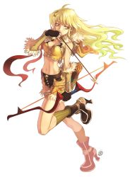 1girl, absurdres, archer (ragnarok online), arrow (projectile), blonde hair, bow (weapon), breasts, cleavage, female focus, full body, gold, high heels, highres, marksman, navel, pants, quiver, ragnarok online, shoes, shorts, sniper, solo, weapon, yellow eyes, yellow theme