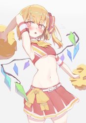 Rule 34 | 1girl, alternate costume, blonde hair, breasts, cheerleader, commentary request, cowboy shot, crop top, crystal, flandre scarlet, hair ribbon, highres, medium breasts, midriff, navel, open mouth, pom pom (cheerleading), red eyes, red ribbon, red skirt, red tank top, ribbon, semotaretare, side ponytail, skirt, solo, stomach, tank top, touhou, underboob, wings