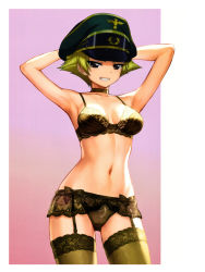 Rule 34 | 1girl, absurdres, armpits, arms behind head, arms up, bad id, bad pixiv id, black bra, black panties, black thighhighs, blonde hair, blush, border, bra, breasts, breasts apart, brown eyes, choker, cowboy shot, erwin (girls und panzer), facing viewer, frilled bra, frilled panties, frills, garter belt, garter straps, girls und panzer, gradient background, grin, hat, headshop, highres, lace, lace-trimmed legwear, lace trim, lingerie, looking at viewer, medium breasts, navel, panties, parted lips, purple background, short hair, simple background, smile, solo, standing, teeth, thighhighs, third-party edit, two-tone background, underwear, underwear only, user fjpp5427, white background, white border